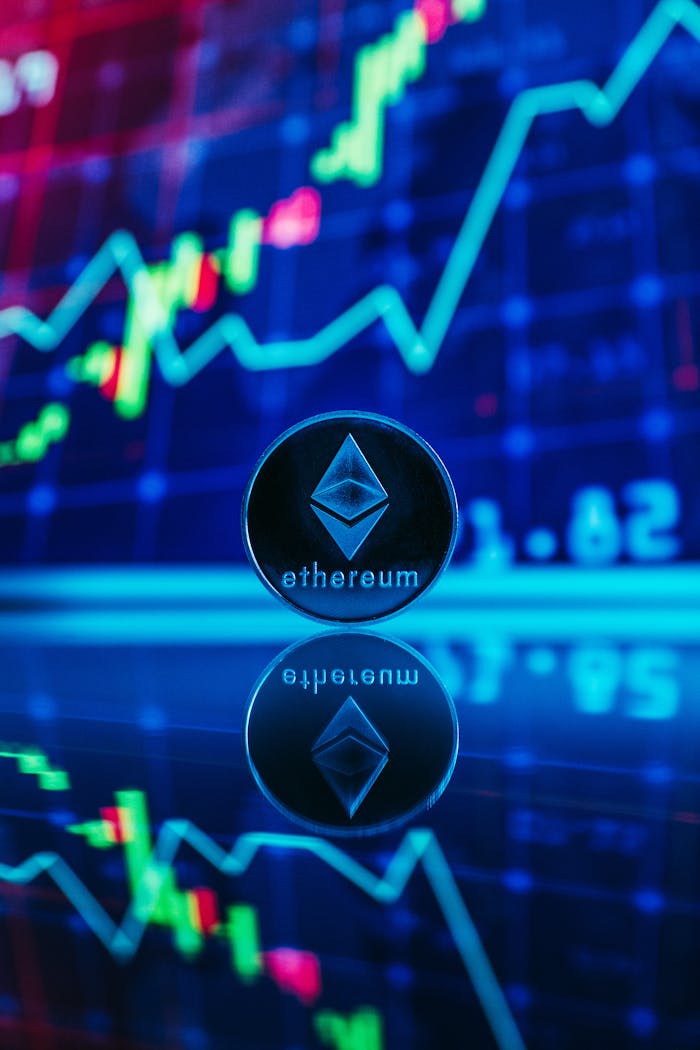 Ethereum coin with digital trading graph, symbolizing cryptocurrency market dynamics.